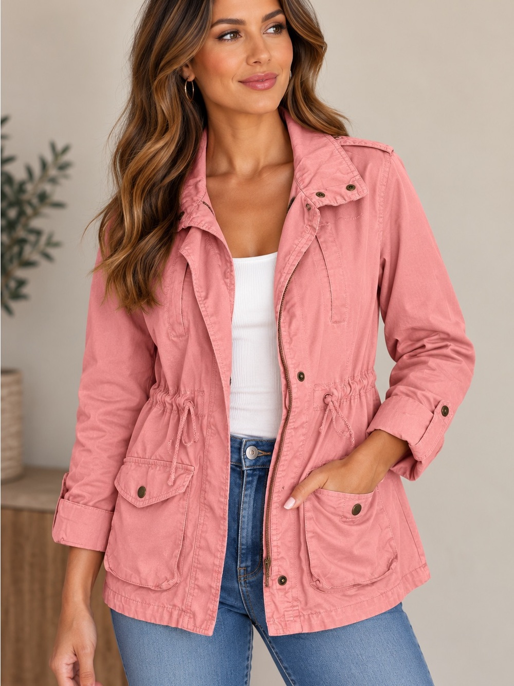 Ambiance Pink Utility Jacket with Drawstring Waist
